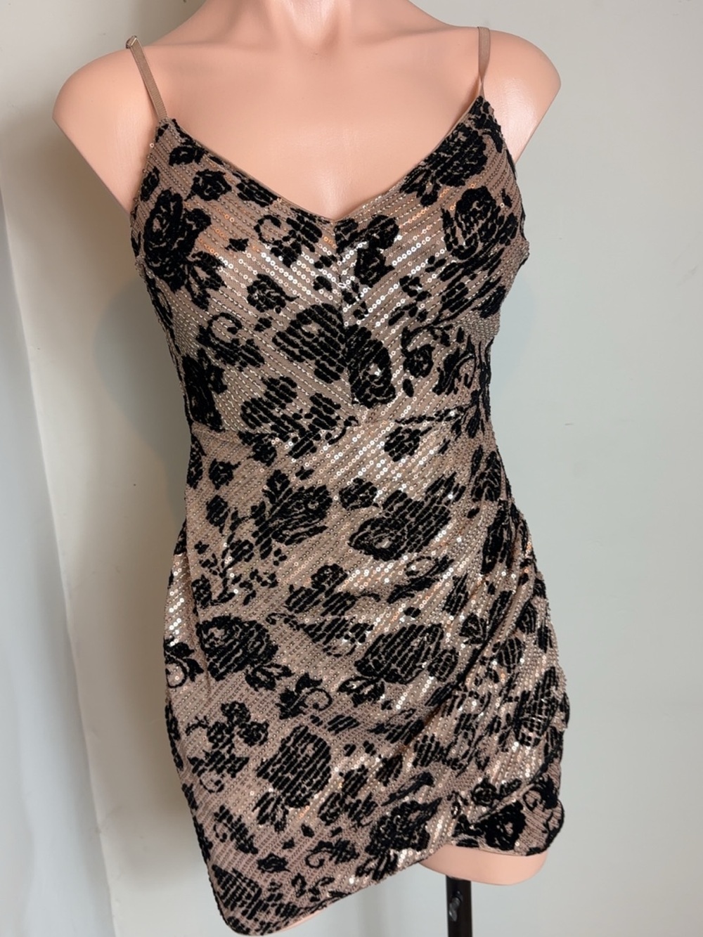 privy Sequin Slip Dress in Nude and Black Floral